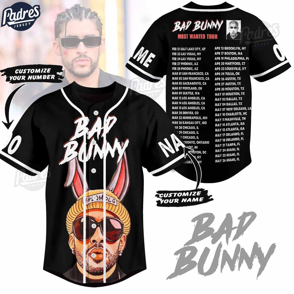 Bad Bunny Most Wanted Tour 2024 Custom Black Baseball Jersey