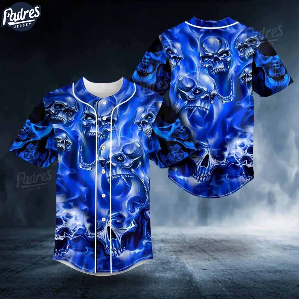 Blue Flame Pile Skull Baseball Jersey