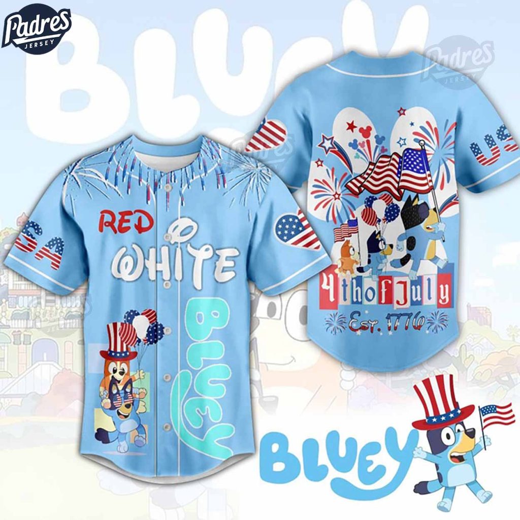 Bluey Red White 4th Of July Est 1776 Baseball Jersey