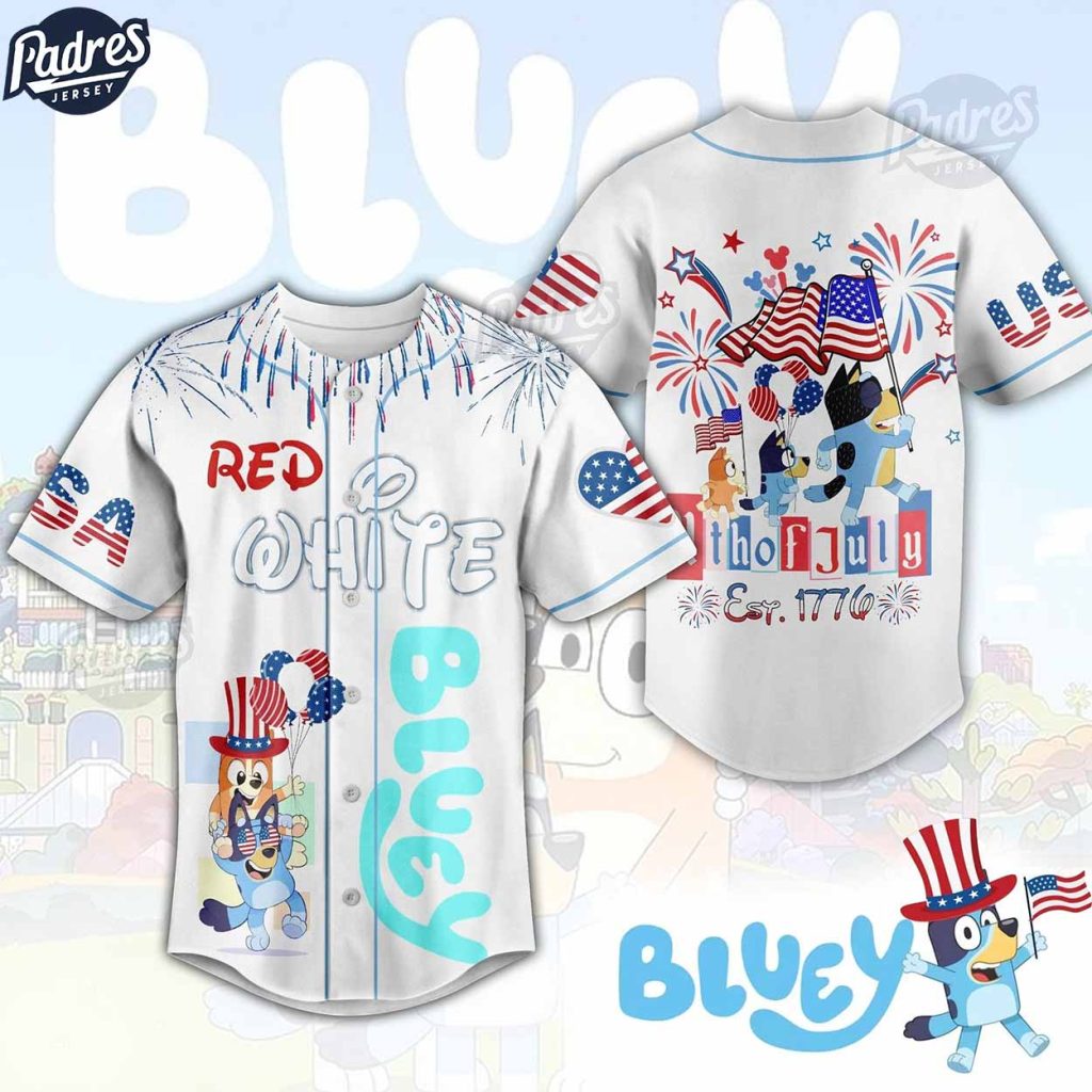 Bluey Red White 4th Of July Est 1776 White Baseball Jersey