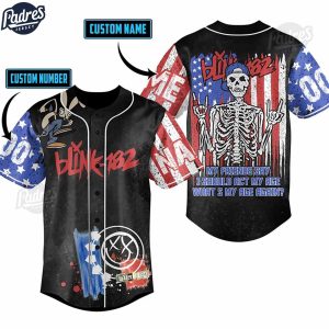 Introducing our Custom Blink-182 Skeleton My Friends Say I Should Act My Age What’s My Age Again Baseball Jersey : Blink-182 Baseball Jersey is an exciting blend of music passion and sports spirit. Inspired by the famous band Blink-182, an icon spanning from the 1990s to today, this jersey is not only a fashion statement but also a showcase of fandom and dedication.