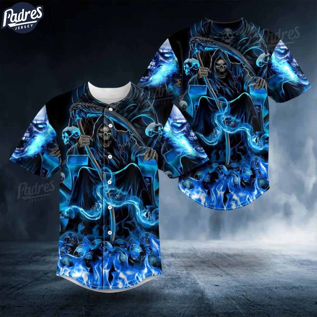 Custom Blue Fire Grim Reaper Skull Baseball Jersey