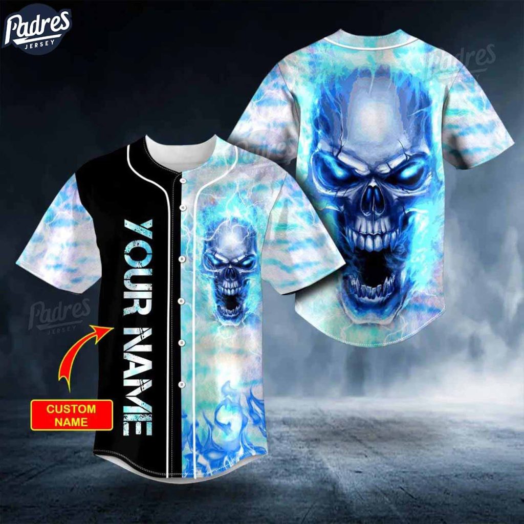 Custom Blue Fire Skull Baseball Jersey