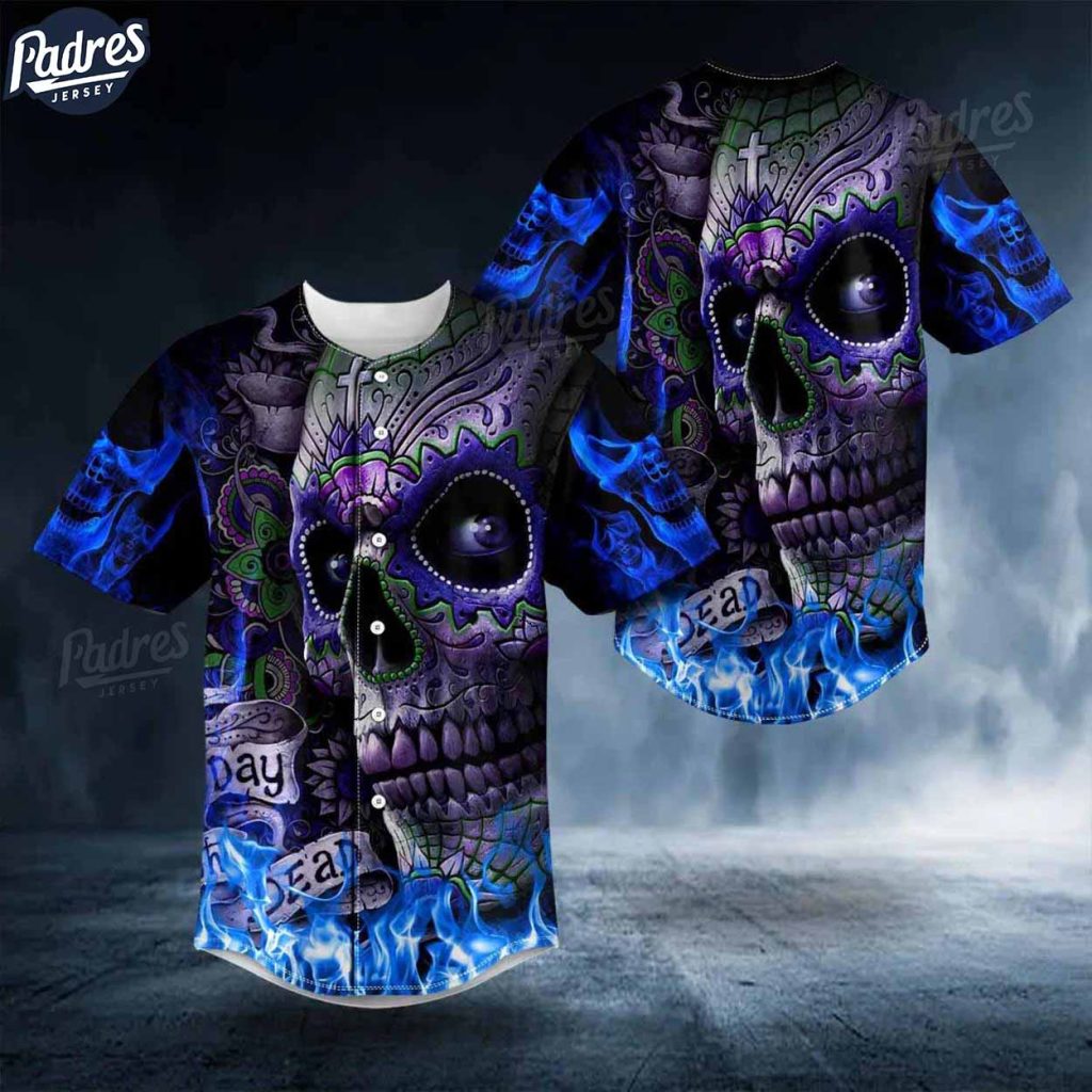 Custom Blue Flame Cross Sugar Skull Baseball Jersey