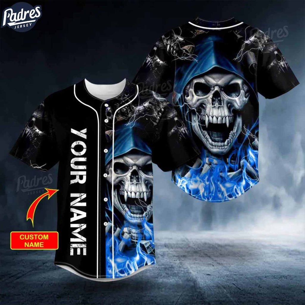 Custom Blue Grim Reaper Lightning Fire Baseball Jersey