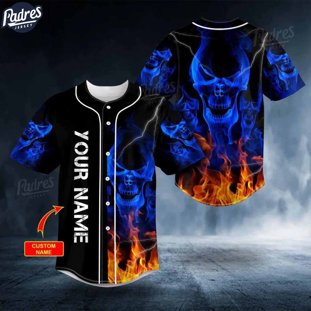 Custom Blue Smoke Skeleton Fire Skull Baseball Jersey