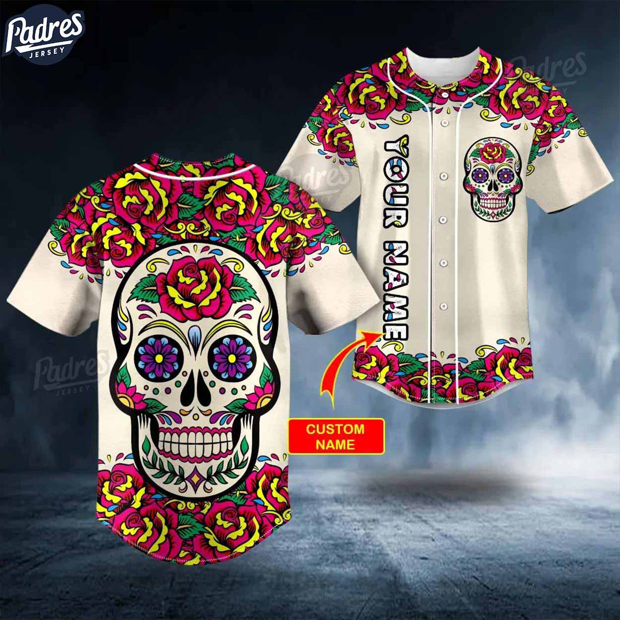 Custom Day Of The Dead Flower Pattern Skull Baseball Jersey - Padres ...