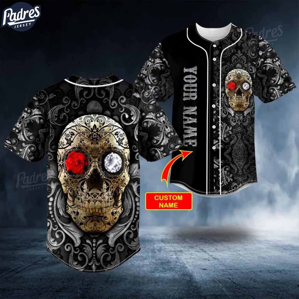 Custom Day Of The Dead Rose And Diamond Skull Baseball Jersey