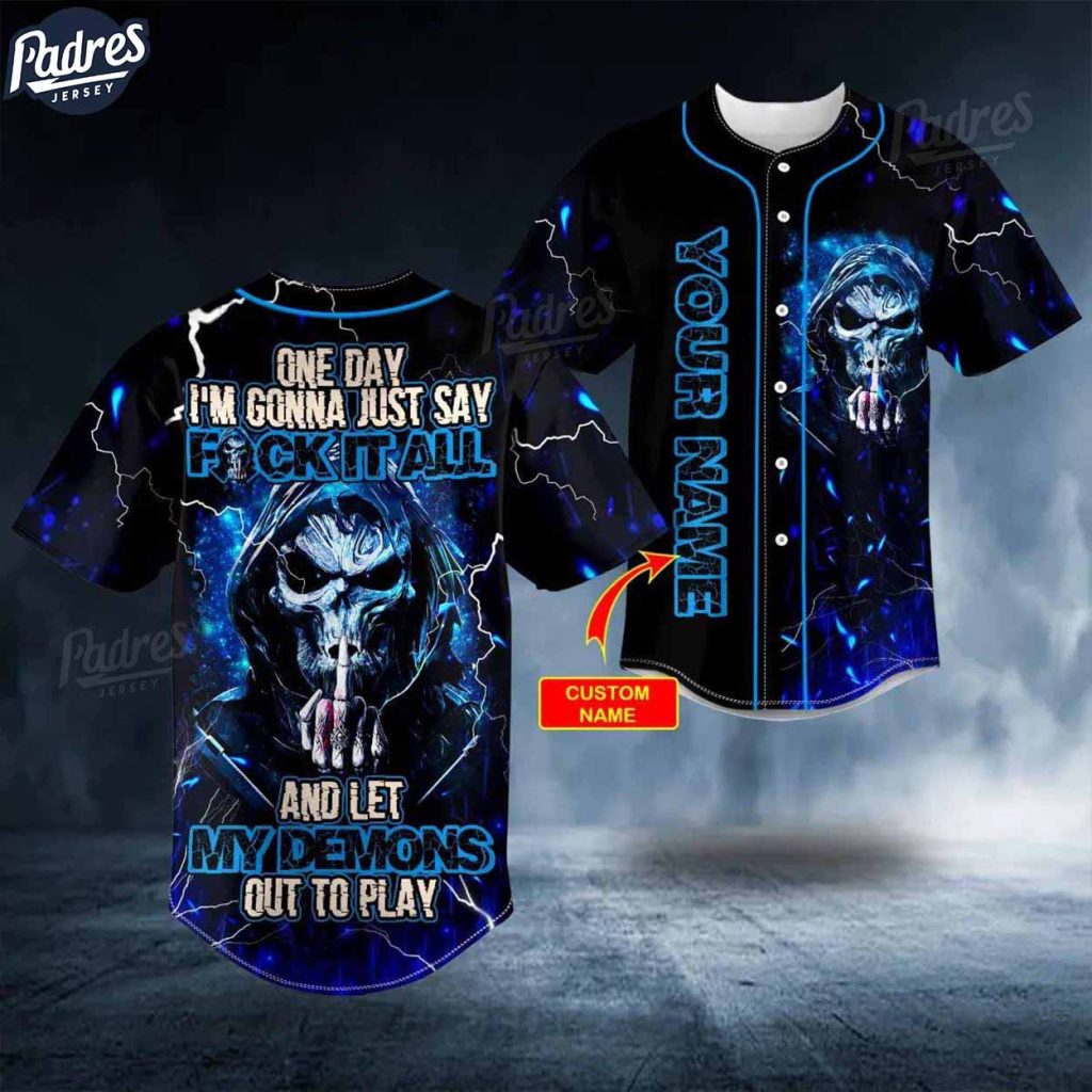 Custom F It All Middle Finger Grim Reaper Blue Lightning Skull Baseball Jersey