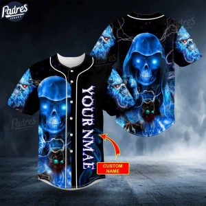 Custom Grim Reaper Blue Fire Lightning Skull Baseball Jersey