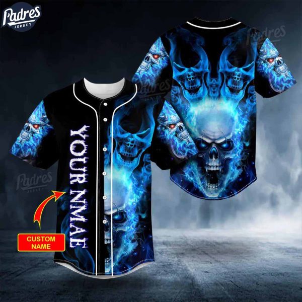 Custom Red Eyes Blue Fire Skull Baseball Jersey