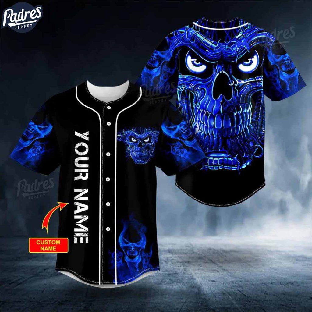 Custom Terminator Blue Fire Skull Baseball Jersey