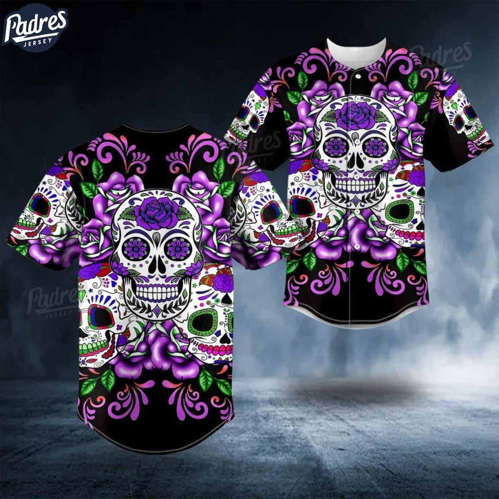 Day Of The Dead Purple Rose Pattern Sugar Skull Baseball Jersey