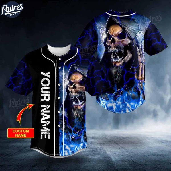 Custom Melodic Death Metal Grim Reaper Blue Fire Skull Baseball Jersey