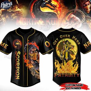 Scorpion Get Over Here Fatality Mortal Kombat Baseball Jersey 1
