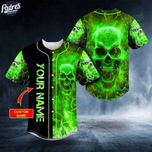 Custom Biohazard Green Fire Skull Baseball Jersey