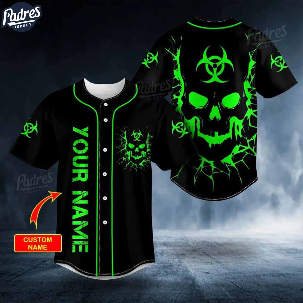 Custom Biohazard Symbol Green Flame Skull Baseball Jersey