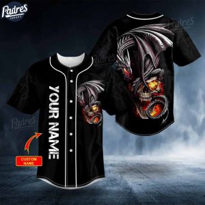 Custom Black Gothic Dragon Fire Skull Baseball Jersey