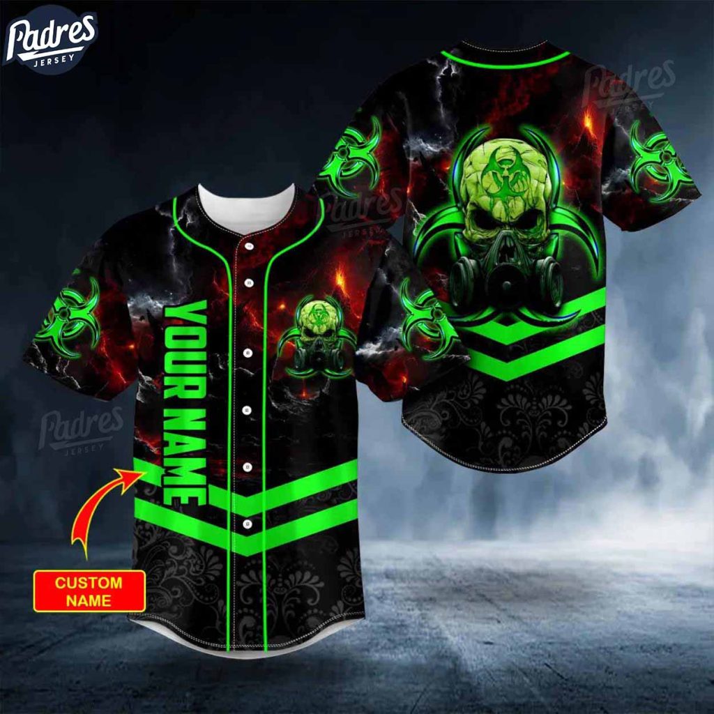 Custom Green Biohazard Skull Baseball Jersey