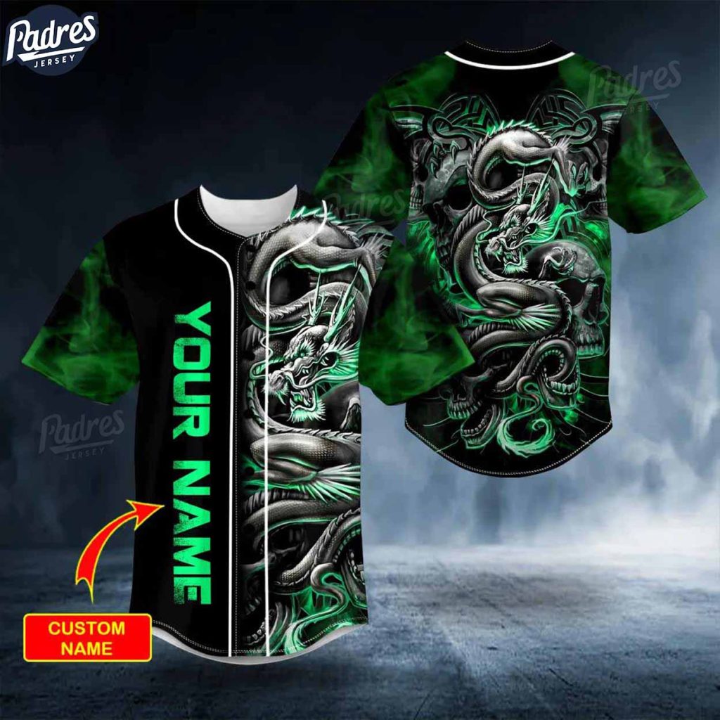 Custom Green Dragon Skull Baseball Jersey