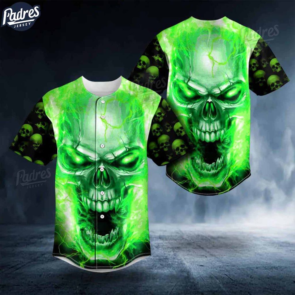 Custom Green Lightning Screaming Skull Baseball Jersey