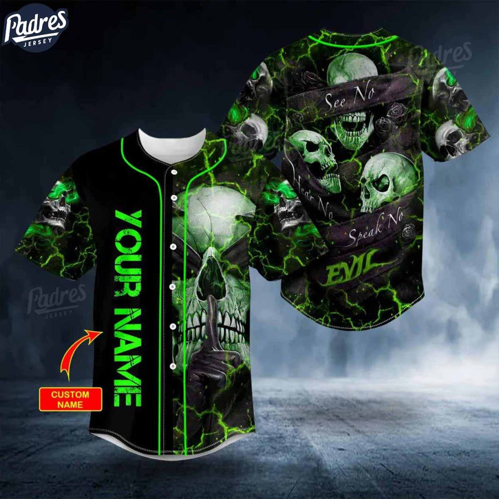 Custom Hear No Evil See No Evil Speak No Evil Green Skull Baseball Jersey