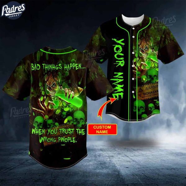 Custom Trust Wrong People Green Biohazard Monster Skull Baseball Jersey