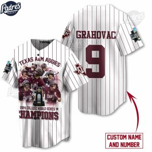 Introducing our Texas A&M Aggies 2024 College World Series Champions Custom Baseball Jersey : Texas A&M Aggies represent the sports teams of Texas A&M University, one of the top universities in Texas with a rich tradition in diverse sports. Among them, the Texas A&M Aggies Baseball team stands out for its determined spirit and relentless effort.
