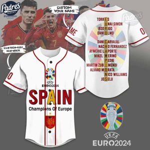 Spain 2024 Champions Of Europe Custom White Baseball Jersey 1