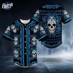 Blue Paisley Baseball Jersey with Sugar Skull Art 1