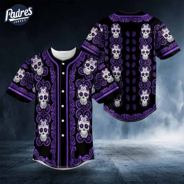 Purple Paisley Baseball Jersey with Sugar Skull Art 1