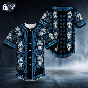 Sky Blue Baseball Jersey Featuring Doodle Floral Sugar Skull Design 1