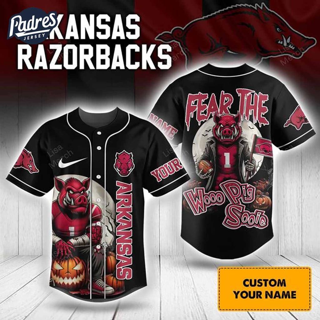 Halloween Arkansas Razorbacks Fear The Woo Pig Sooie Football Custom Baseball Jersey