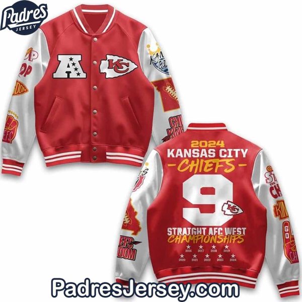 2024 Kansas City Football AFC West Champs 9th Straight Baseball Jacket Outfit 1